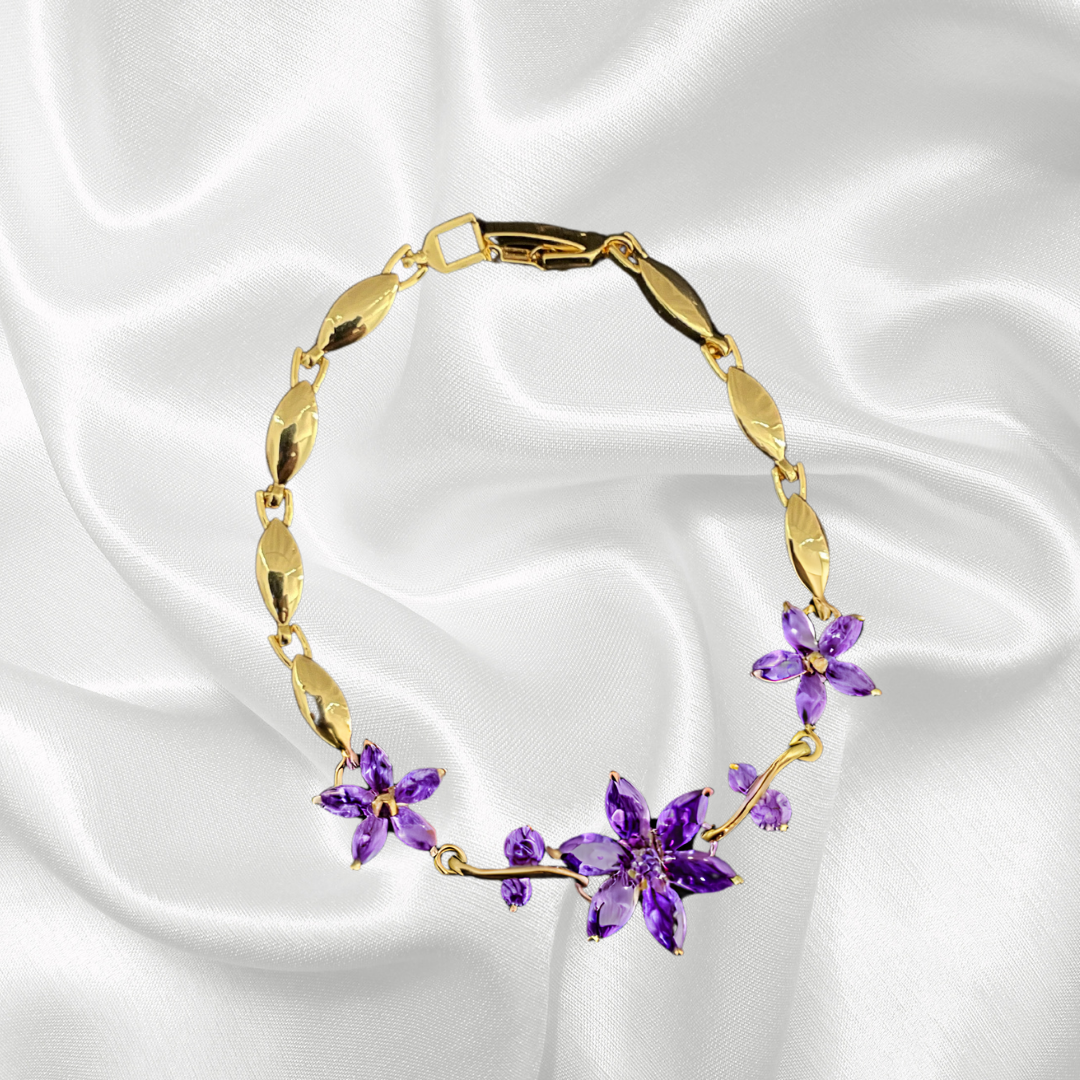Gold Plated 3 Amethyst Flower Bracelet